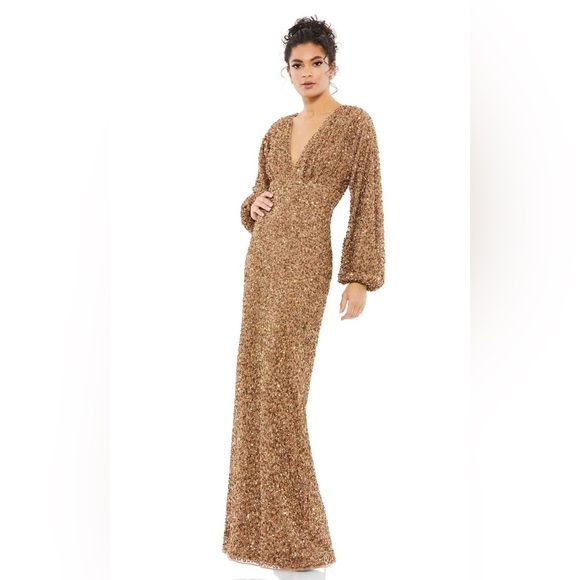 Mac Duggal 10791 bronze size 2 sequined puff sleeve vneck gown - Picture 1 of 12